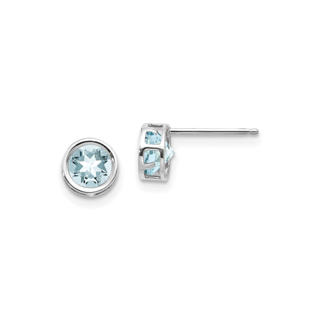 14k White Gold Stud Earrings with Aquamarine, Bezel Set Round Cut, Minimalist Starburst Design