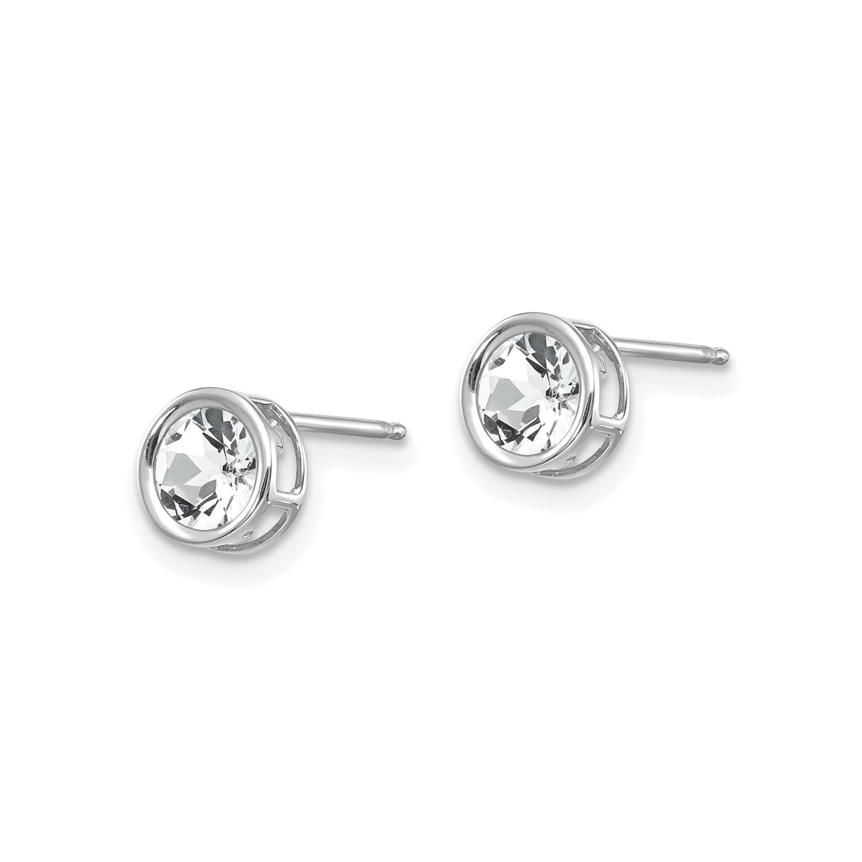 14k White Gold Stud Earrings with White Topaz in Bezel Setting, Minimalist Open-Side Design