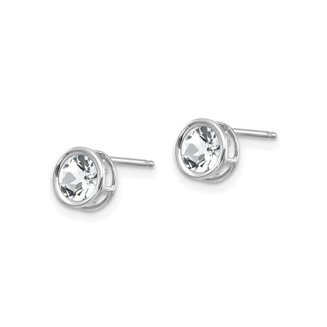 14k White Gold Stud Earrings with White Topaz in Bezel Setting, Minimalist Open-Side Design