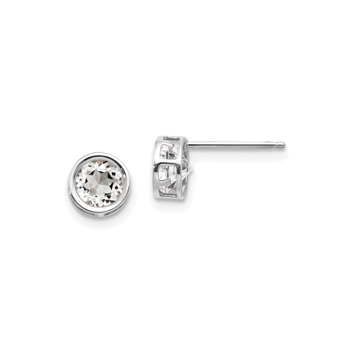 14k White Gold Stud Earrings with White Topaz in Bezel Setting, Minimalist Open-Side Design