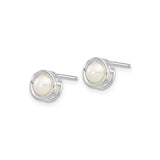 14k White Gold Pearl Stud Earrings with Round Cultured Pearls, Bezel Setting, Modern Geometric Design