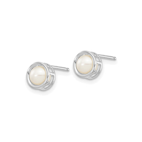 14k White Gold Pearl Stud Earrings with Round Cultured Pearls, Bezel Setting, Modern Geometric Design