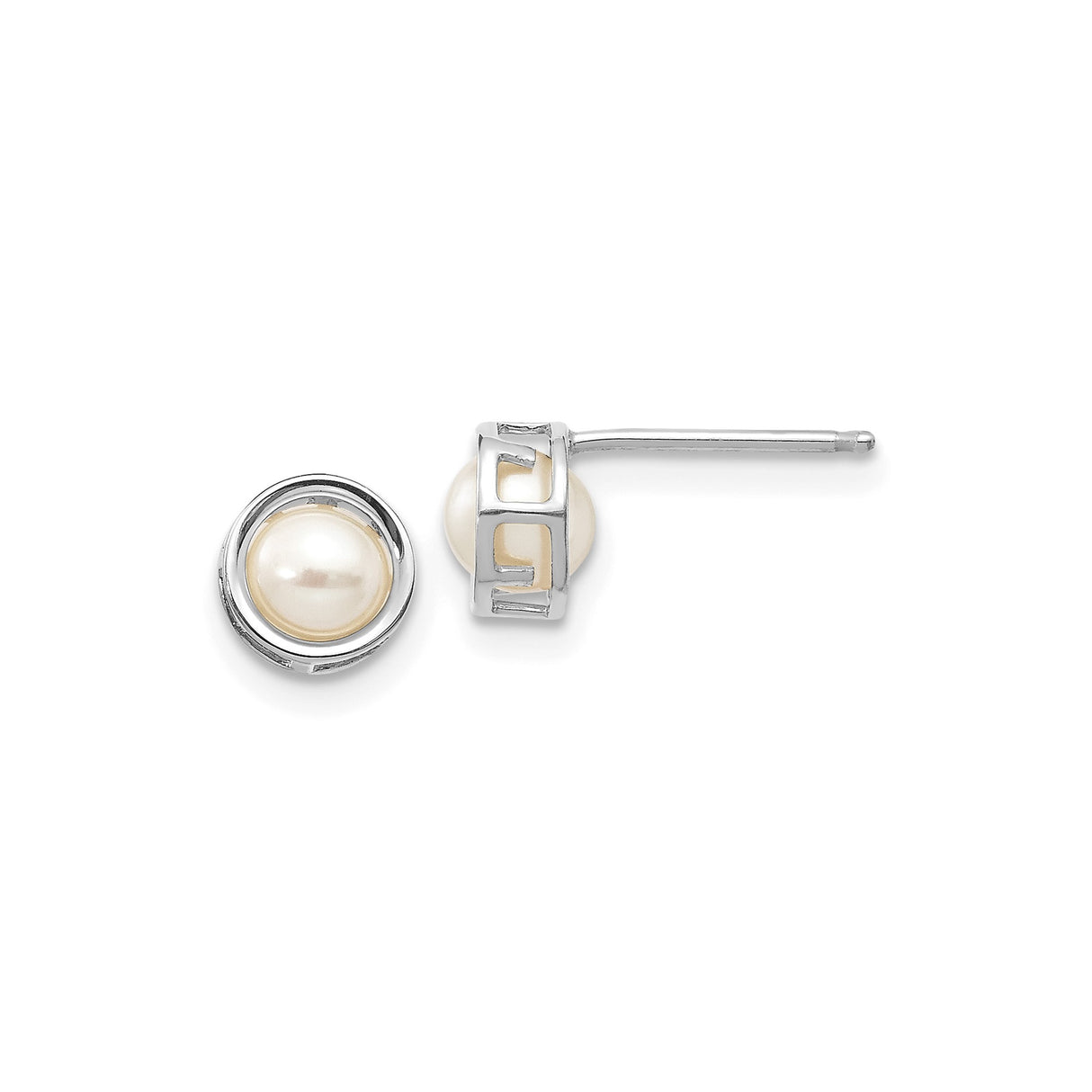 14k White Gold Pearl Stud Earrings with Round Cultured Pearls, Bezel Setting, Modern Geometric Design