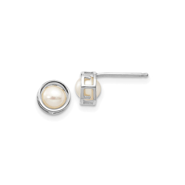 14k White Gold Pearl Stud Earrings with Round Cultured Pearls, Bezel Setting, Modern Geometric Design