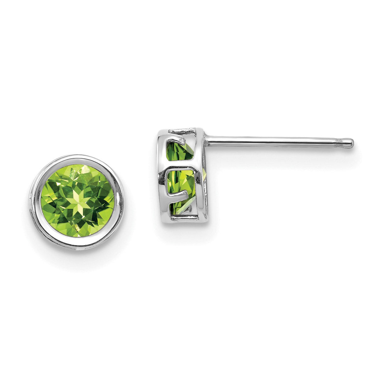 14k White Gold Stud Earrings with Round Peridot, Bezel Set Minimalist August Birthstone Jewelry