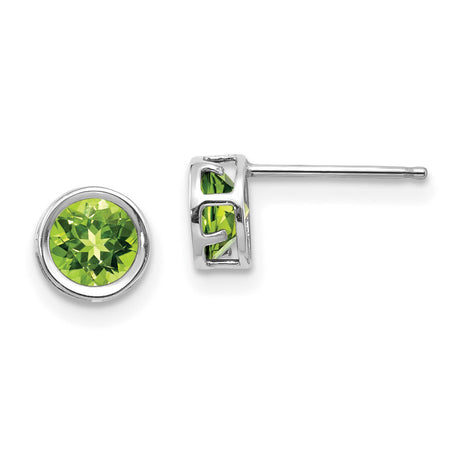 14k White Gold Stud Earrings with Round Peridot, Bezel Set Minimalist August Birthstone Jewelry