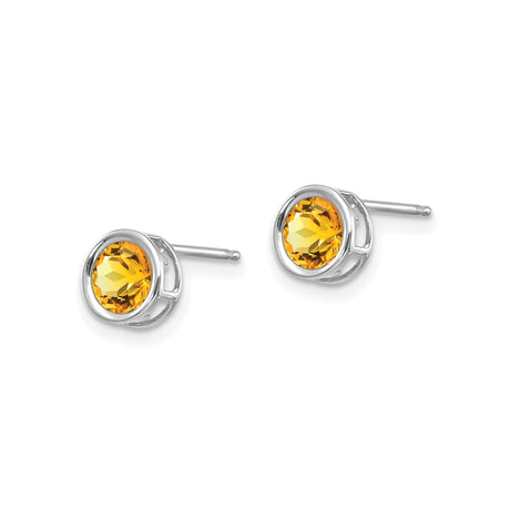 14k White Gold Stud Earrings with Round Citrine in Bezel Setting, Sunburst Cut