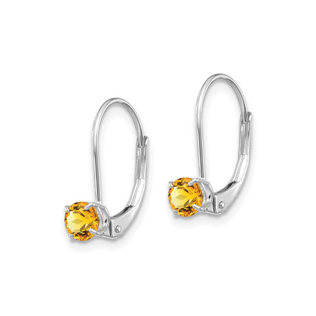 14k White Gold Leverback Earrings with Round Citrine in Prong Setting, Birthstone Jewelry for Women