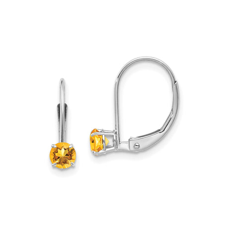 14k White Gold Leverback Earrings with Round Citrine in Prong Setting, Birthstone Jewelry for Women