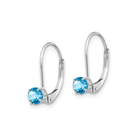 14k White Gold Leverback Earrings with Swiss Blue Topaz, Dainty Drop Design for Women