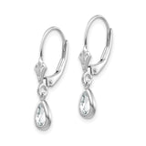 14k White Gold Dangle Earrings with Pear Shaped White Topaz in Bezel Setting, Leverback Design