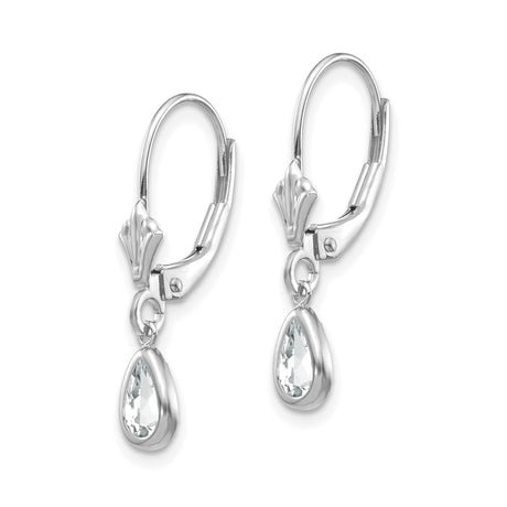 14k White Gold Dangle Earrings with Pear Shaped White Topaz in Bezel Setting, Leverback Design