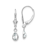 14k White Gold Dangle Earrings with Pear Shaped White Topaz in Bezel Setting, Leverback Design