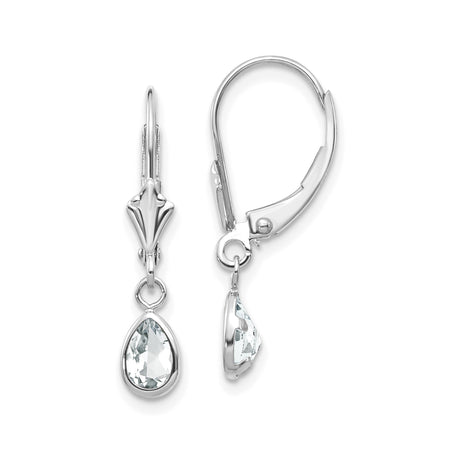 14k White Gold Dangle Earrings with Pear Shaped White Topaz in Bezel Setting, Leverback Design