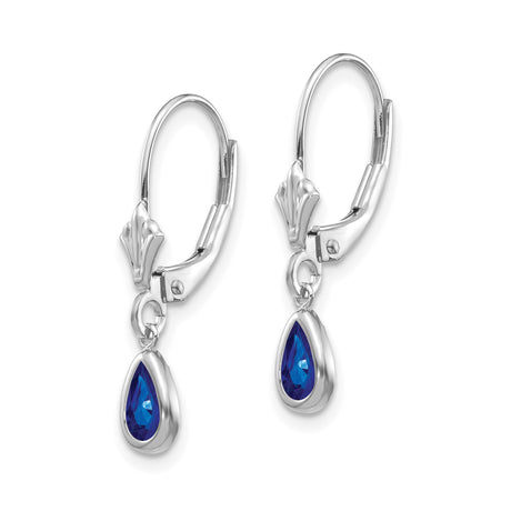 14k White Gold Dangle Earrings with Pear Shaped Sapphire in Bezel Setting Leverback Style