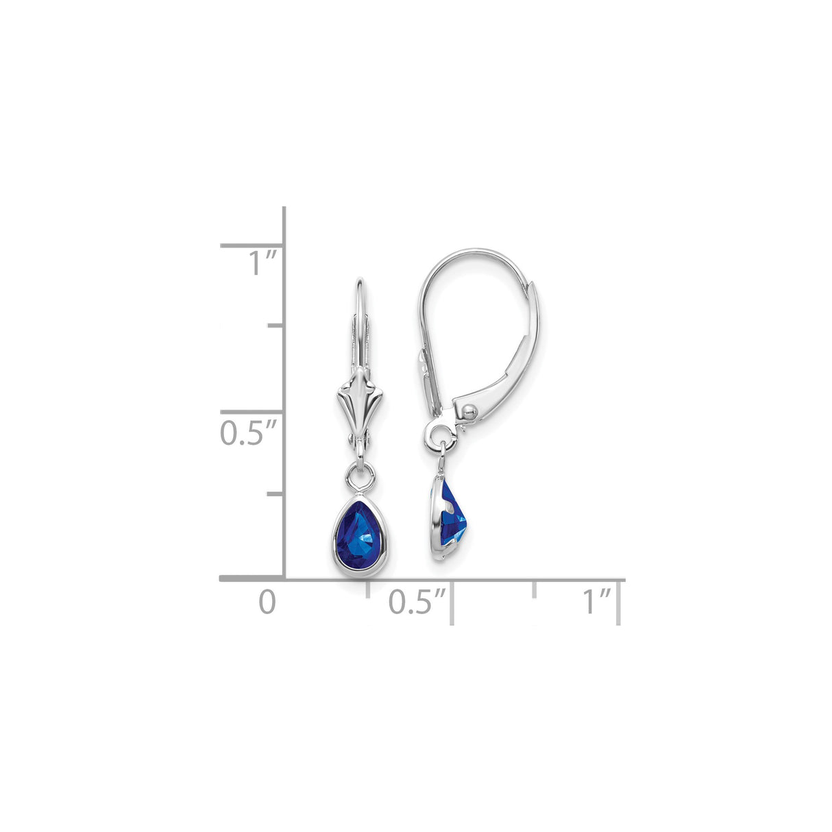14k White Gold Dangle Earrings with Pear Shaped Sapphire in Bezel Setting Leverback Style