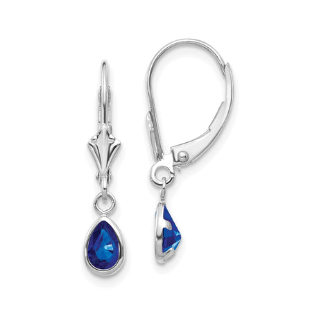 14k White Gold Dangle Earrings with Pear Shaped Sapphire in Bezel Setting Leverback Style