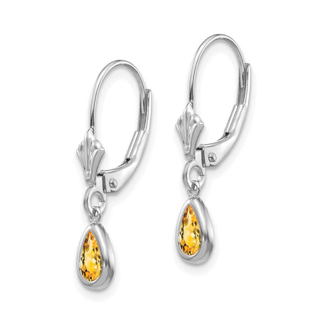 14k White Gold Dangle Earrings with Teardrop Citrine in Bezel Setting, Leverback Drop Style