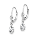 14k White Gold Dangle Earrings with White Topaz, Oval Cut Bezel Set Leverback Design