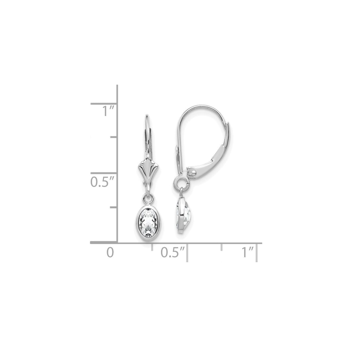 14k White Gold Dangle Earrings with White Topaz, Oval Cut Bezel Set Leverback Design