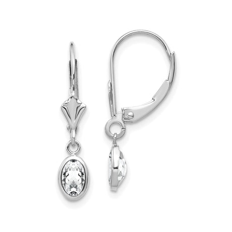 14k White Gold Dangle Earrings with White Topaz, Oval Cut Bezel Set Leverback Design