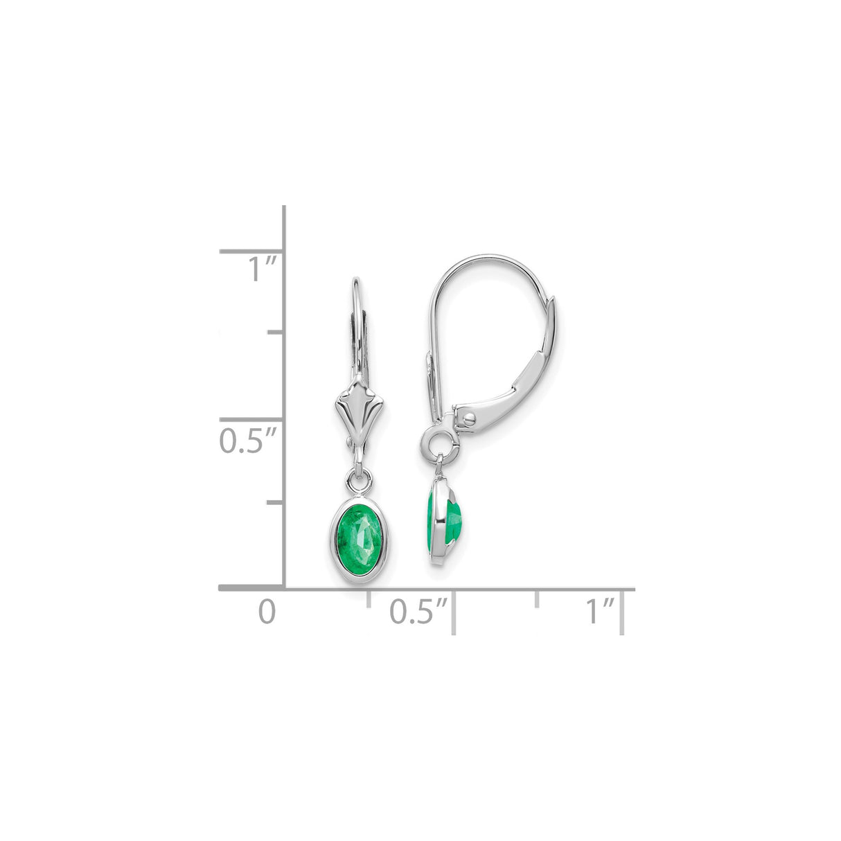 14k White Gold Leverback Drop Earrings with Oval Emerald Bezel Set Dangles