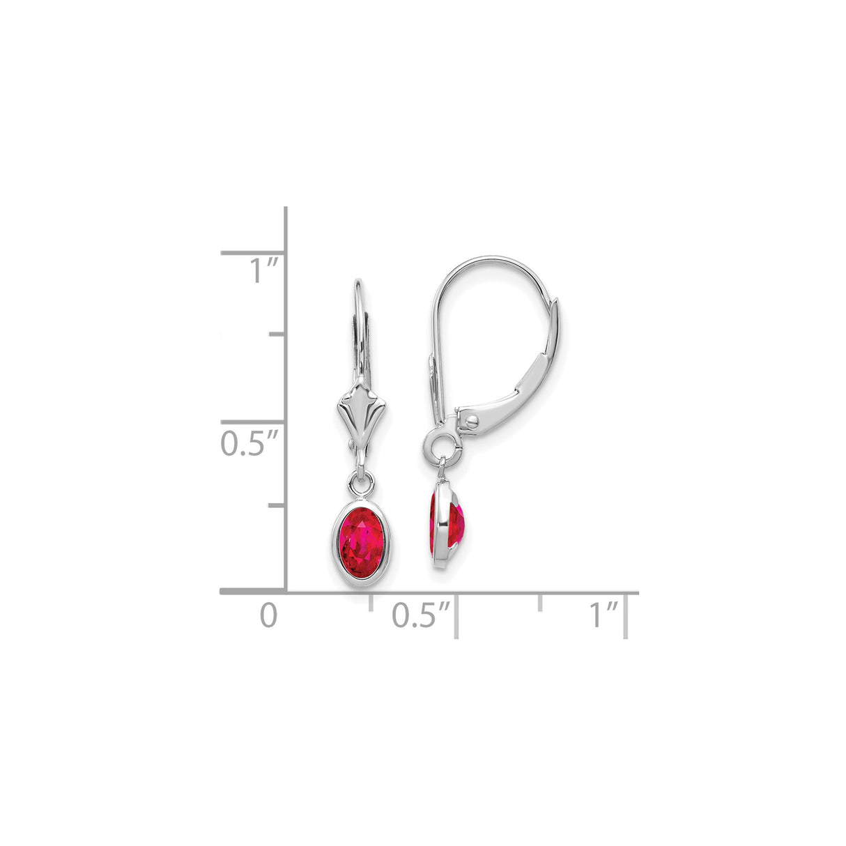 14k White Gold Leverback Drop Earrings with Oval Ruby in Bezel Setting