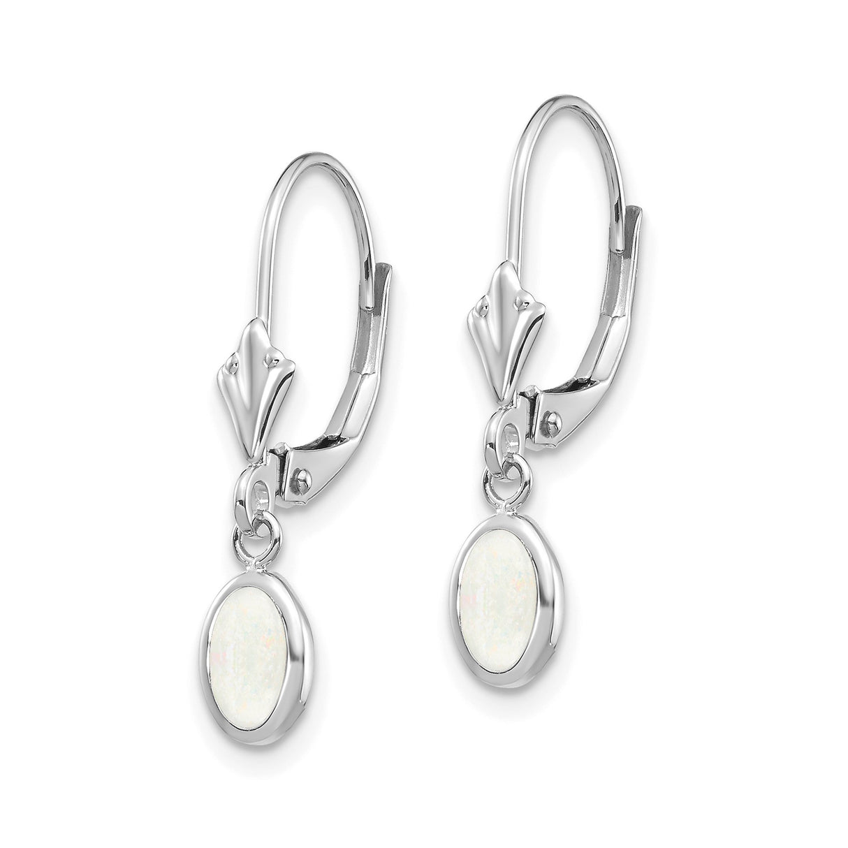 14k White Gold Drop Earrings with Oval Opal Cabochons, Bezel Setting, Minimalist Leverback Style
