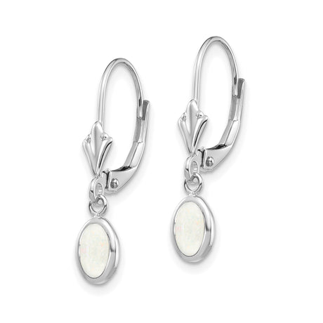 14k White Gold Drop Earrings with Oval Opal Cabochons, Bezel Setting, Minimalist Leverback Style