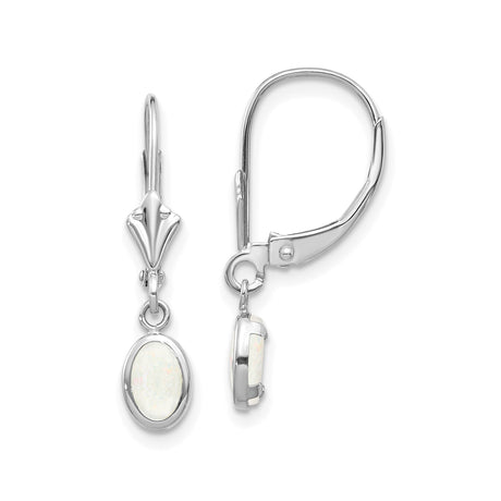 14k White Gold Drop Earrings with Oval Opal Cabochons, Bezel Setting, Minimalist Leverback Style