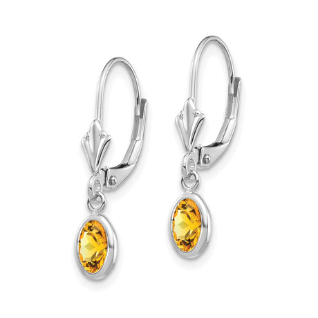 14k White Gold Drop Earrings with Oval Citrine in Bezel Setting, Leverback Design for Women