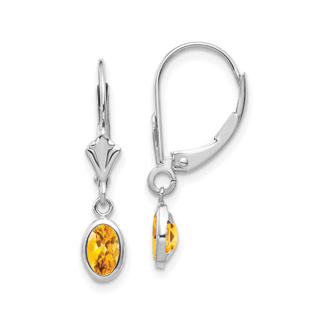 14k White Gold Drop Earrings with Oval Citrine in Bezel Setting, Leverback Design for Women