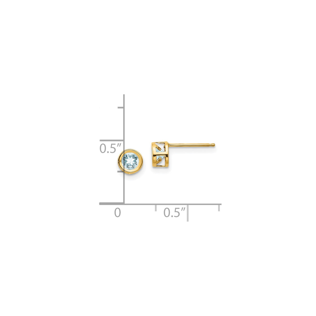 14k Yellow Gold Aquamarine Stud Earrings, Bezel Set Round Cut March Birthstone