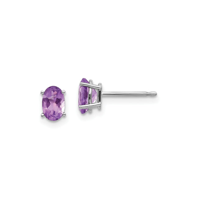 14k White Gold Amethyst Stud Earrings, Oval Purple Gemstone, Classic February Birthstone for Women