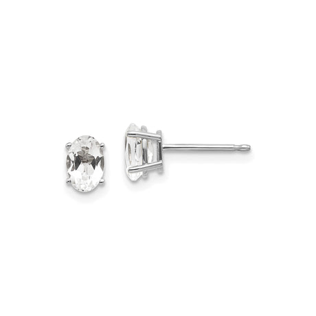14k White Gold Stud Earrings with White Topaz, Oval Four-Prong Setting, Minimalist Design for Women