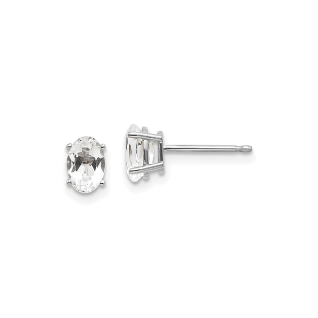 14k White Gold Stud Earrings with White Topaz, Oval Four-Prong Setting, Minimalist Design for Women