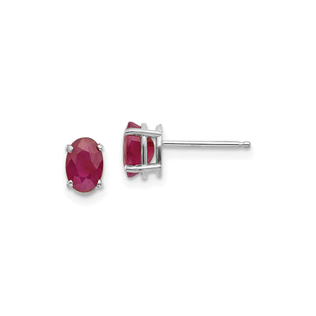 14k White Gold Ruby Stud Earrings, Oval Four-Prong Setting, Classic Gemstone Design for Women