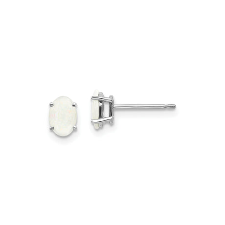 14k White Gold Stud Earrings with Oval White Opal in Four-Prong Setting