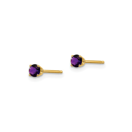 14k Yellow Gold Stud Earrings with Round Amethyst in Classic Four Prong Setting