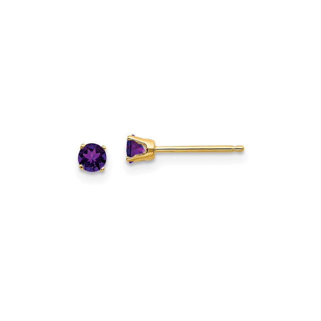 14k Yellow Gold Stud Earrings with Round Amethyst in Classic Four Prong Setting