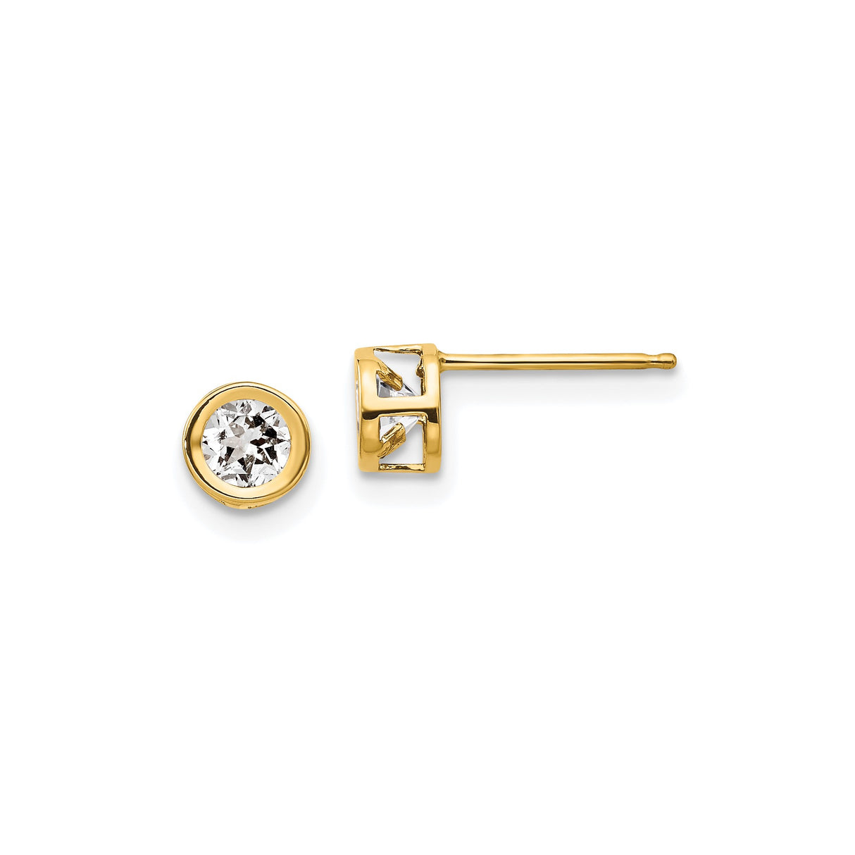 14k Yellow Gold Stud Earrings with Round White Topaz, Bezel Setting, Minimalist Design
