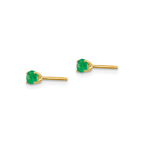 14k Yellow Gold Stud Earrings with Round Emerald in Four-Prong Setting