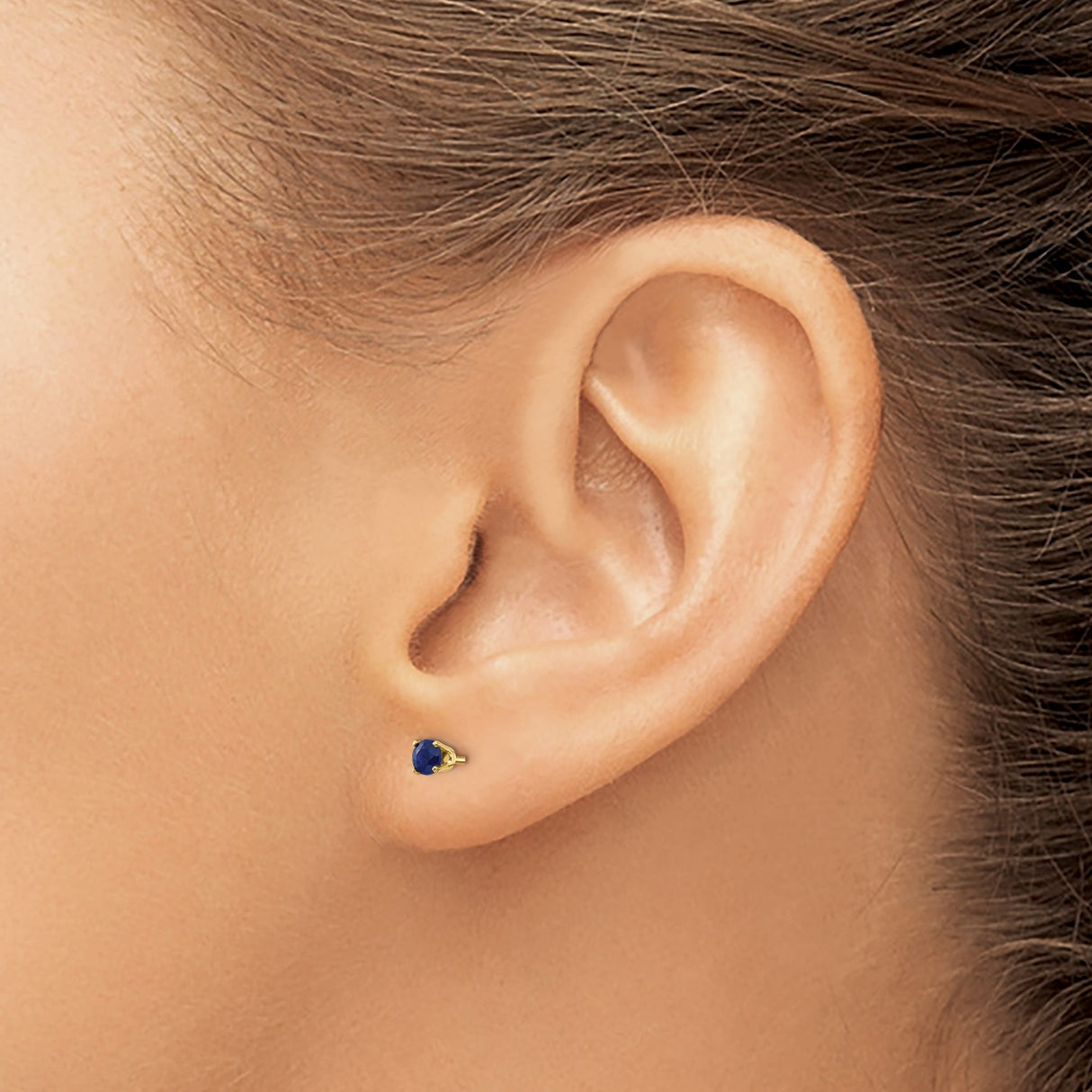 14k Yellow Gold Stud Earrings with Round Sapphire in Four-Prong Setting, Minimalist Design for Women