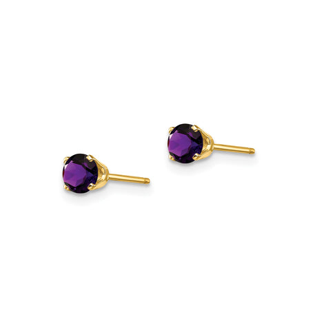 14k Yellow Gold Stud Earrings with Round Amethyst, Prong Set Minimalist Design