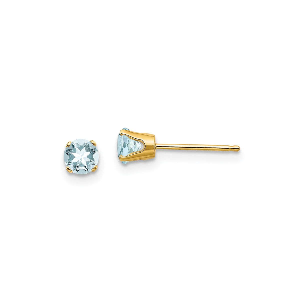 14k Yellow Gold Stud Earrings with Aquamarine, Round Cut, Minimalist Classic Style