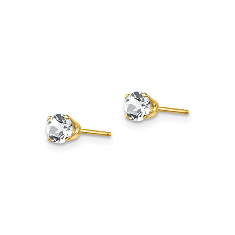 14k Yellow Gold Stud Earrings with Round White Topaz in Classic Four Prong Setting