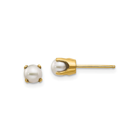 14k Yellow Gold Stud Earrings with Round White Cultured Pearls in Four-Prong Setting