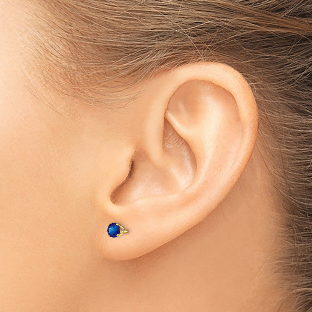 14k Yellow Gold Stud Earrings with Round Sapphire, Minimalist Four Prong Design for Women