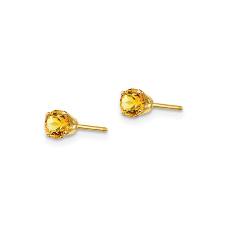 14k Yellow Gold Stud Earrings with Round Citrine in Four Prong Setting, Minimalist Style