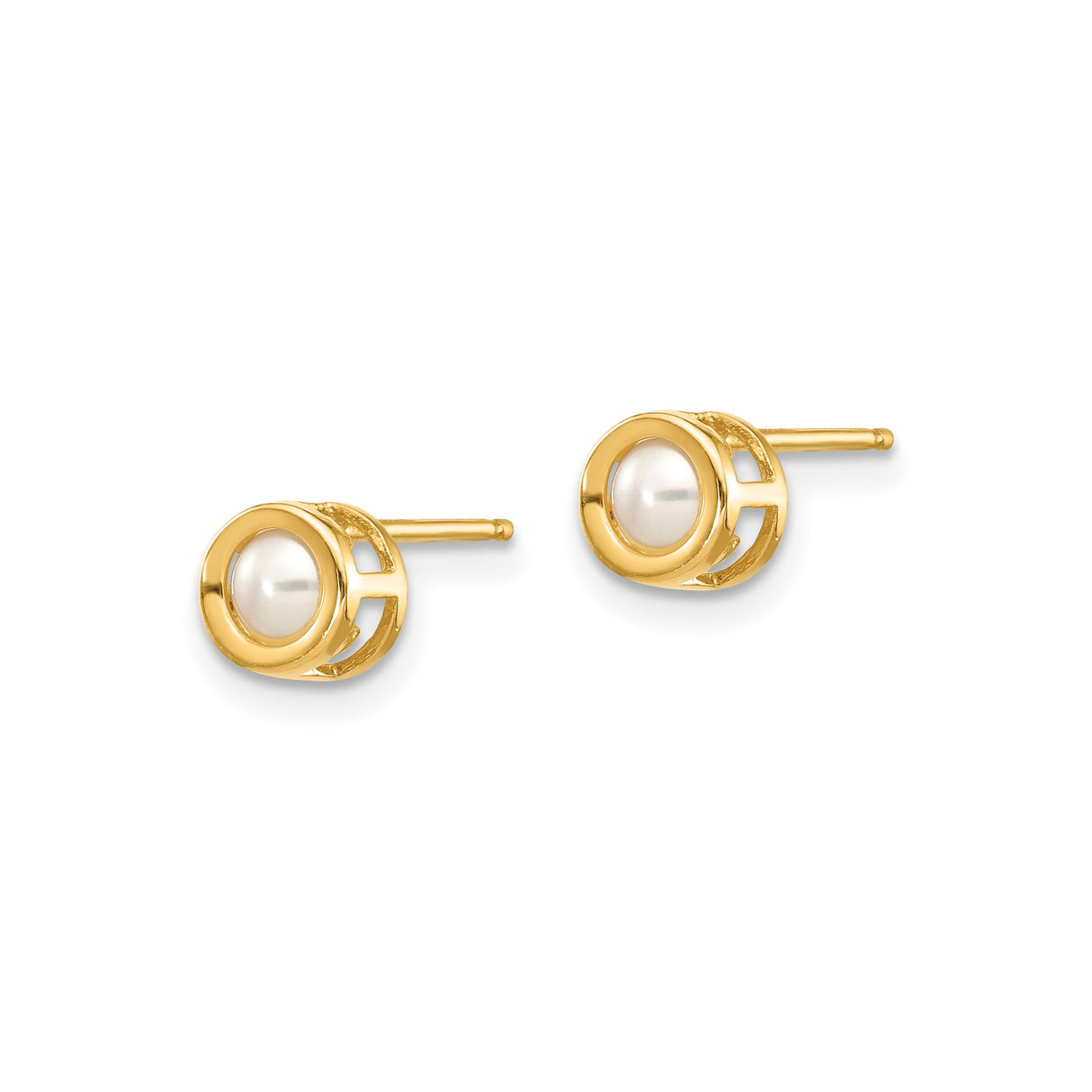 14k Yellow Gold Stud Earrings with Bezel Set White Pearls, Classic Minimalist Style for Women
